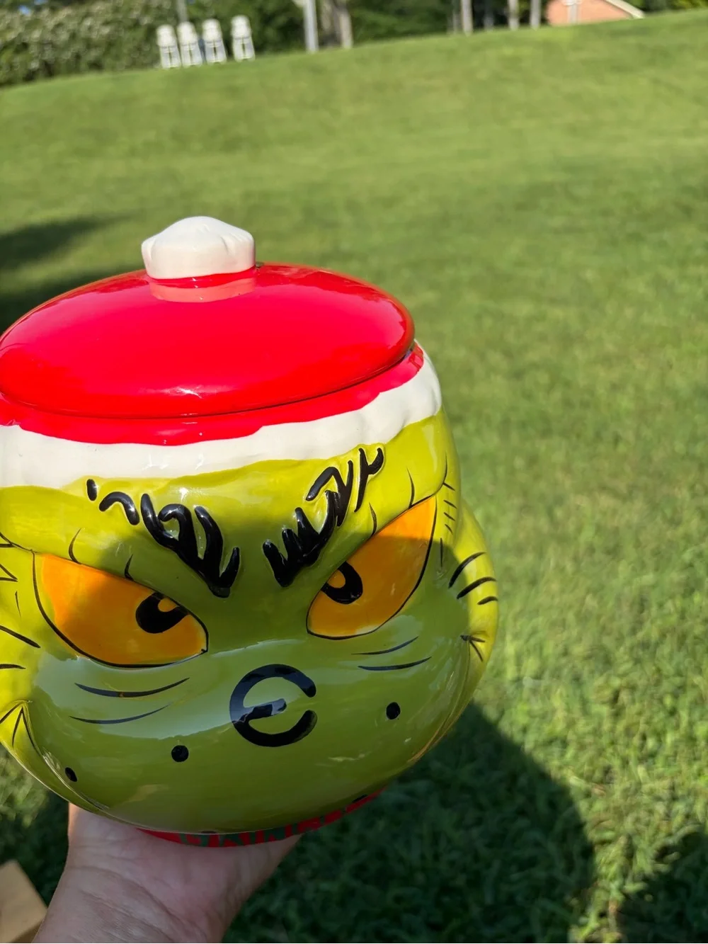 Green Character Ceramic Cookie Jar with Red Lid
